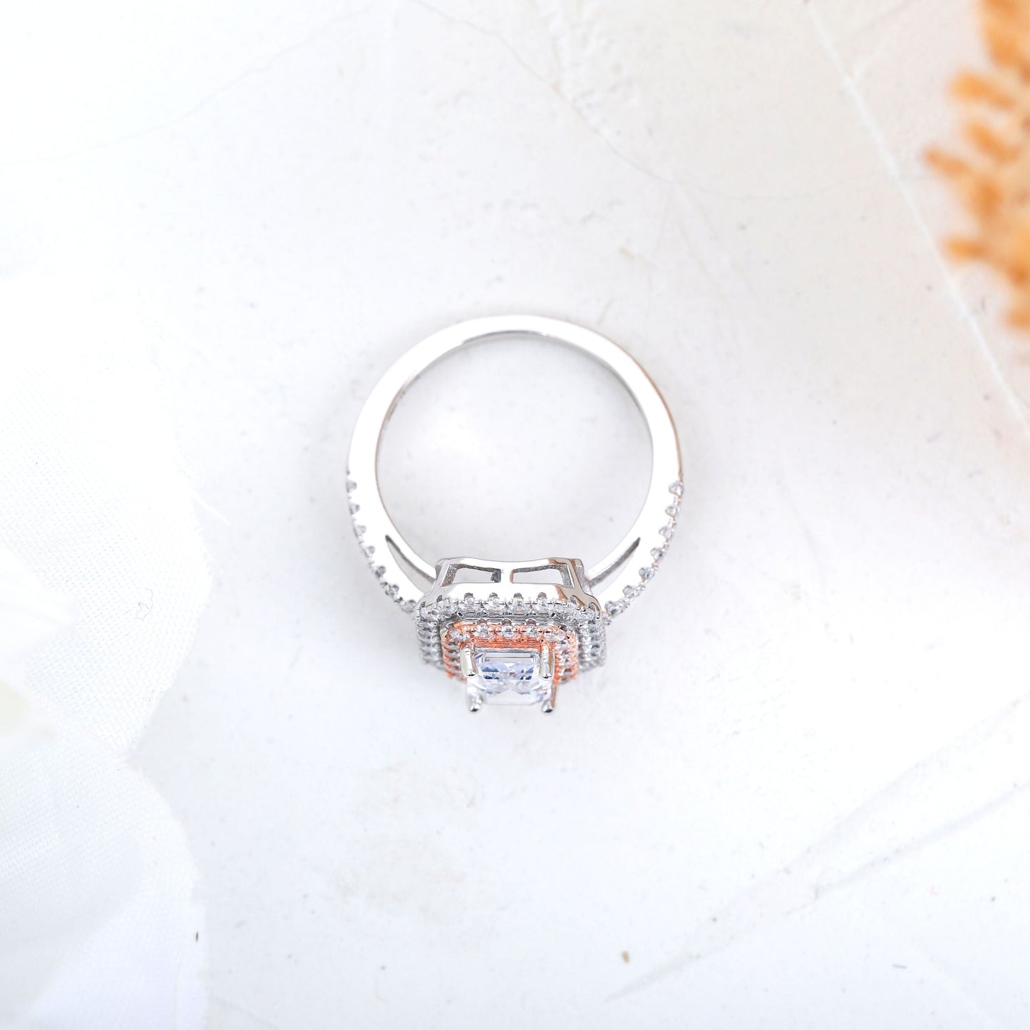 1.6 CT Emerald Cut Double Halo Moissanite Diamond Engagement Ring