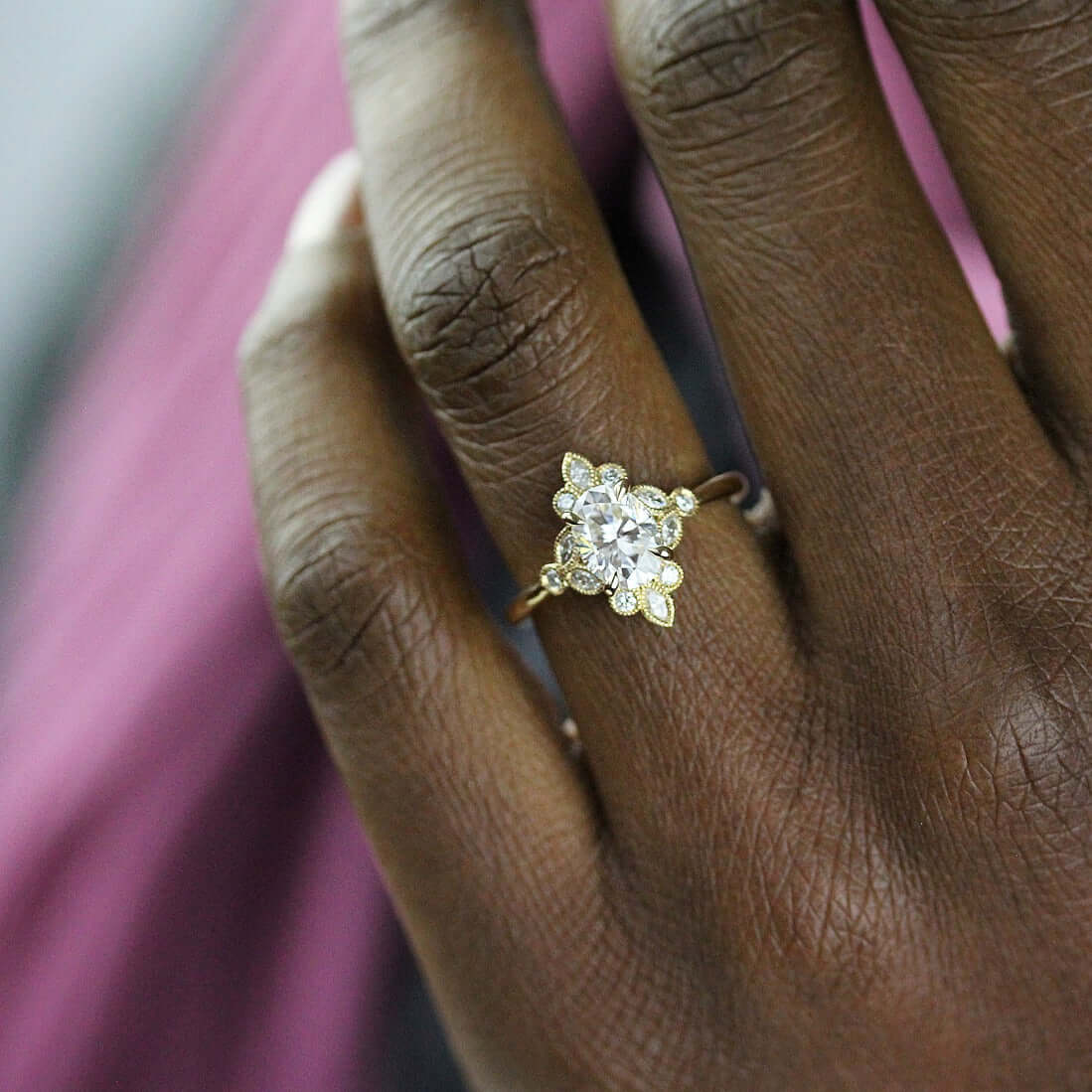 1.33 CT Oval Moissanite Diamond Cluster Engagement Ring