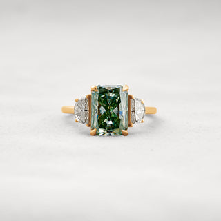4.40 Carat Dark Green Radiant Moissanite Hidden Halo and Three Stone Setting Engagement Ring