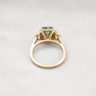 4.40 Carat Dark Green Radiant Moissanite Hidden Halo and Three Stone Setting Engagement Ring