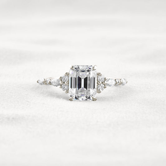 2.3 CT Emerald Cut Cluster Moissanite Diamond Engagement Ring In White Gold