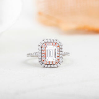 1.6 CT Emerald Cut Double Halo Moissanite Diamond Engagement Ring