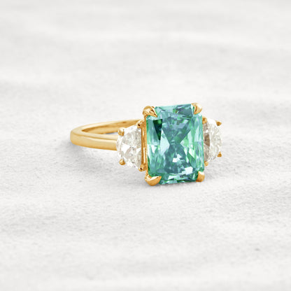 4.4 CT Blue Green Radiant 3 Stones Cut Moissanite Diamond Engagement Ring In White Gold