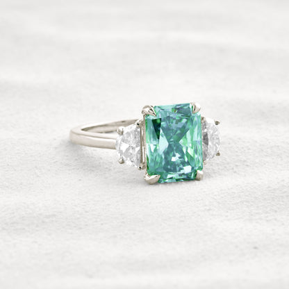4.4 CT Blue Green Radiant 3 Stones Cut Moissanite Diamond Engagement Ring In White Gold