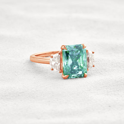 4.4 CT Blue Green Radiant 3 Stones Cut Moissanite Diamond Engagement Ring In White Gold