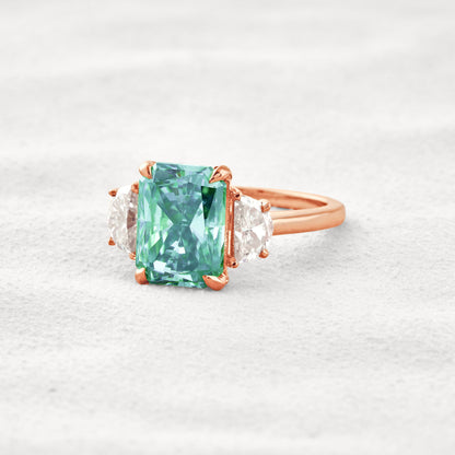 4.4 CT Blue Green Radiant 3 Stones Cut Moissanite Diamond Engagement Ring In White Gold