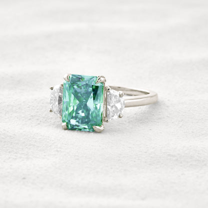 4.4 CT Blue Green Radiant 3 Stones Cut Moissanite Diamond Engagement Ring In White Gold