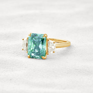 4.4 CT Blue Green Radiant 3 Stones Cut Moissanite Diamond Engagement Ring In Rose Gold