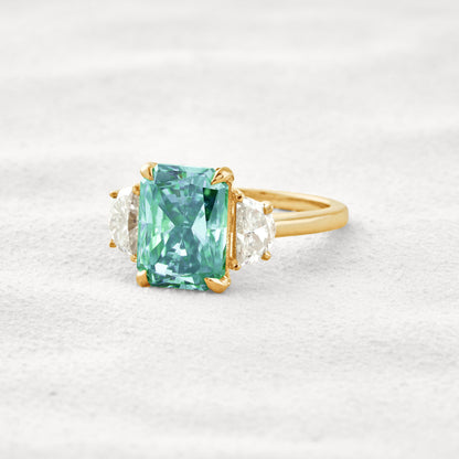 4.4 CT Blue Green Radiant 3 Stones Cut Moissanite Diamond Engagement Ring In White Gold