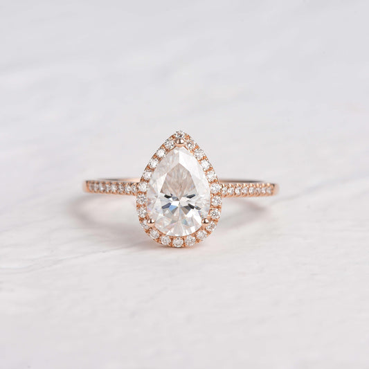 1.25 CT Pear Moissanite Diamond Halo Engagement Ring