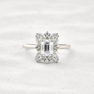 0.92 CT Emerald Cut Halo Moissanite Diamond Engagement Ring In White Gold