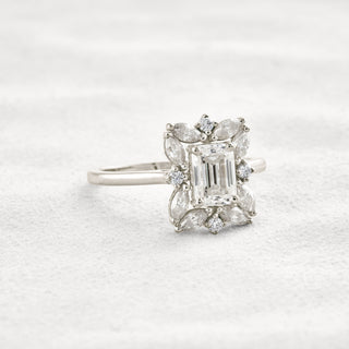 0.92 CT Emerald Cut Halo Moissanite Diamond Engagement Ring In White Gold