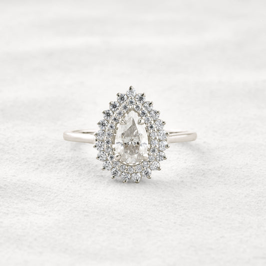 0.94 CT Pear Cut Double Halo Moissanite Diamond Engagement Ring In White Gold