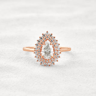 0.94 CT Pear Cut Double Halo Moissanite Diamond Engagement Ring In Rose Gold