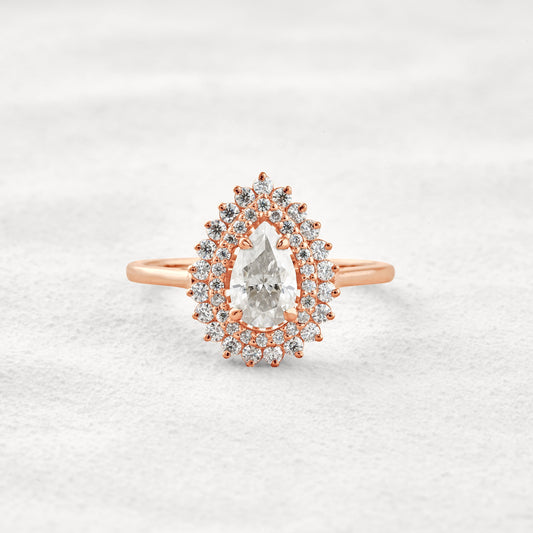 0.94 CT Pear Cut Double Halo Moissanite Diamond Engagement Ring In Rose Gold