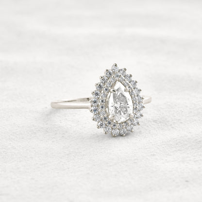 0.94 CT Pear Cut Double Halo Moissanite Diamond Engagement Ring In Rose Gold