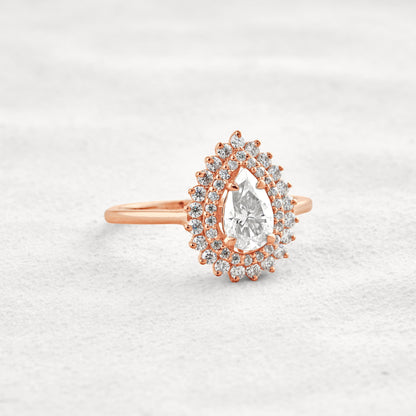 0.94 CT Pear Cut Double Halo Moissanite Diamond Engagement Ring In Rose Gold