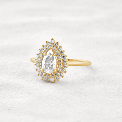 0.94 CT Pear Cut Double Halo Moissanite Diamond Engagement Ring In Rose Gold