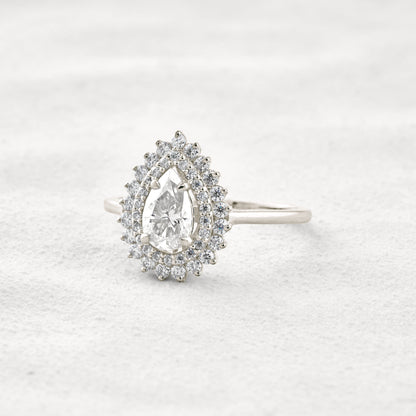 0.94 CT Pear Cut Double Halo Moissanite Diamond Engagement Ring In Rose Gold