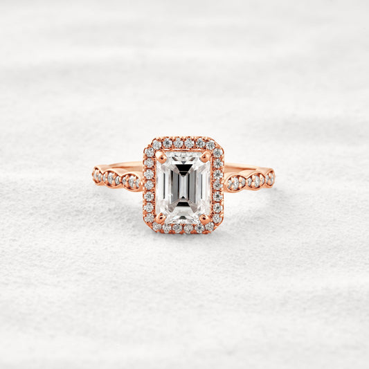 1.6 CT Emerald Cut Halo Pave Moissanite Diamond Engagement Ring In Rose Gold