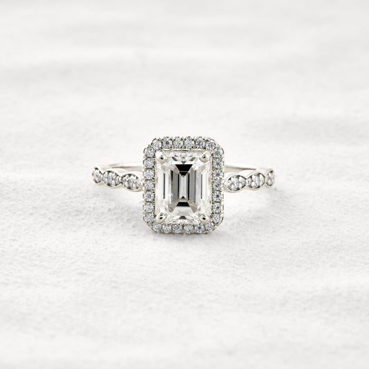 1.6 CT Emerald Cut Halo Pave Moissanite Diamond Engagement Ring In White Gold