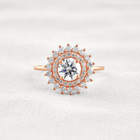 1 CT Round Cut Double Halo Moissanite Diamond Engagement Ring In Rose Gold
