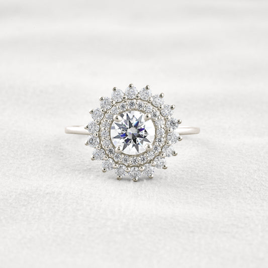1 CT Round Cut Double Halo Moissanite Diamond Engagement Ring In White Gold