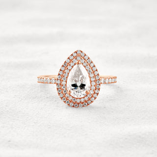 1.33 CT Pear Cut Double Halo Moissanite Diamond Engagement Ring In Rose Gold
