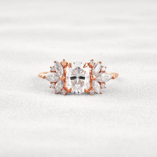 1.33 CT Oval Cut Cluster Moissanite Diamond Engagement Ring In Rose Gold