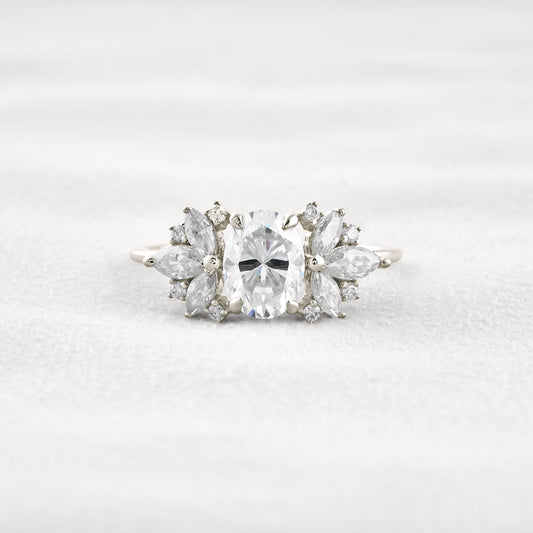1.33 CT Oval Cut Cluster Moissanite Diamond Engagement Ring In White Gold