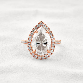 6.15 CT Pear Cut Halo & Pave Moissanite Diamond Engagement Ring In Rose Gold