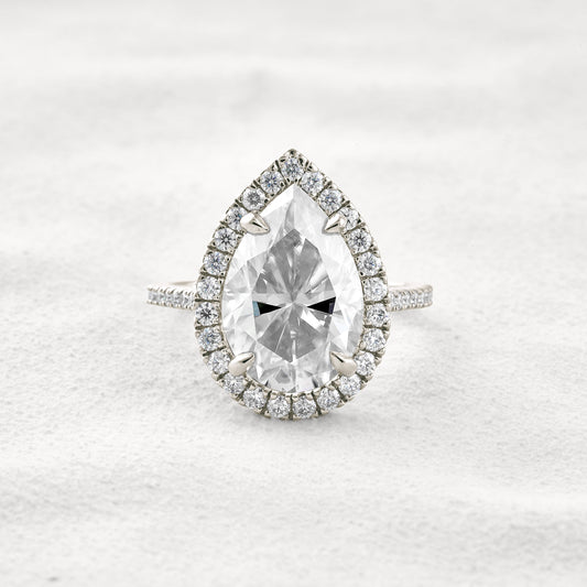 6.15 CT Pear Cut Halo & Pave Moissanite Diamond Engagement Ring In White Gold