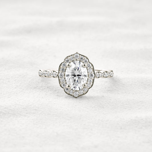 1.31 CT Oval Cut Halo & Pave Moissanite Diamond Engagement Ring In White Gold