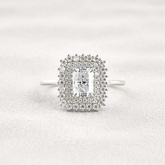 1.05 CT Radiant Cut Double Halo Moissanite Diamond Engagement Ring In White Gold