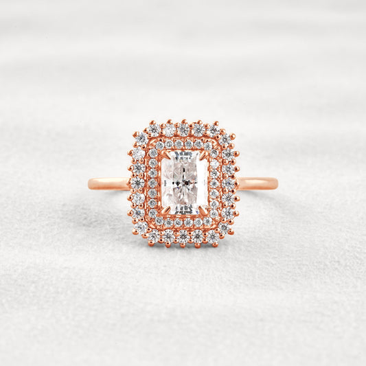 1.05 CT Radiant Cut Double Halo Moissanite Diamond Engagement Ring In Rose Gold