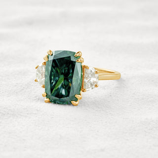 6.3 CT Dark Green Cushion 3 Stones Cut Moissanite Diamond Engagement Ring In Rose Gold