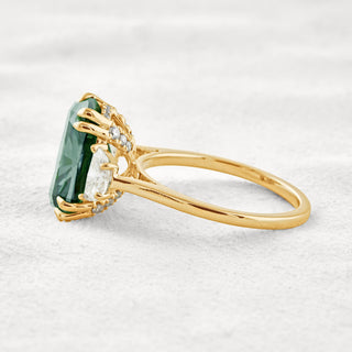 6.3 CT Dark Green Cushion 3 Stones Cut Moissanite Diamond Engagement Ring In White Gold