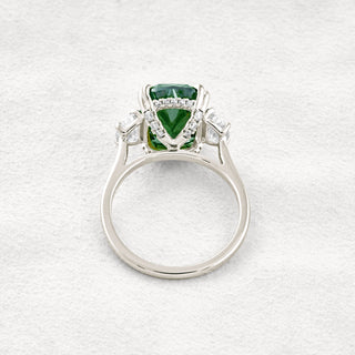 6.3 CT Dark Green Cushion 3 Stones Cut Moissanite Diamond Engagement Ring