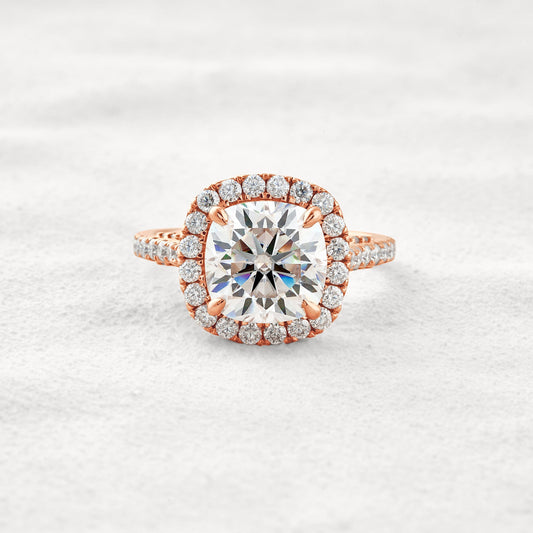 4 CT Cushion Cut Halo & Pave Moissanite Diamond Engagement Ring In Rose Gold