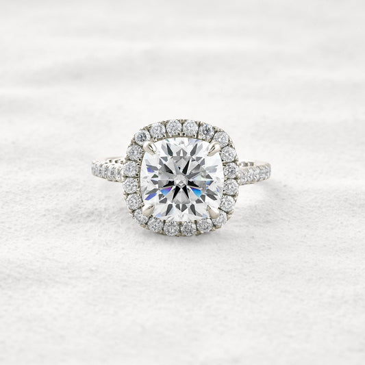 4 CT Cushion Cut Halo & Pave Moissanite Diamond Engagement Ring In White Gold