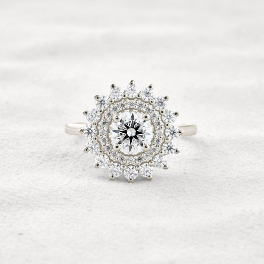 1 CT Round Cut Double Halo Moissanite Diamond Engagement Ring In White Gold