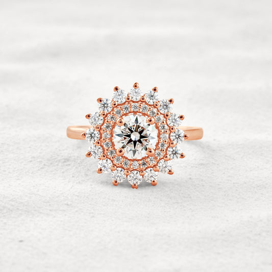 1 CT Round Cut Double Halo Moissanite Diamond Engagement Ring In Rose Gold