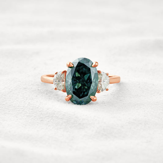 4 CT Dark Green Oval 3 Stones Cut Moissanite Diamond Engagement Ring In Rose Gold