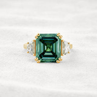 7.6 CT Blue Green Asscher 3 Stones Cut Moissanite Diamond Engagement Ring