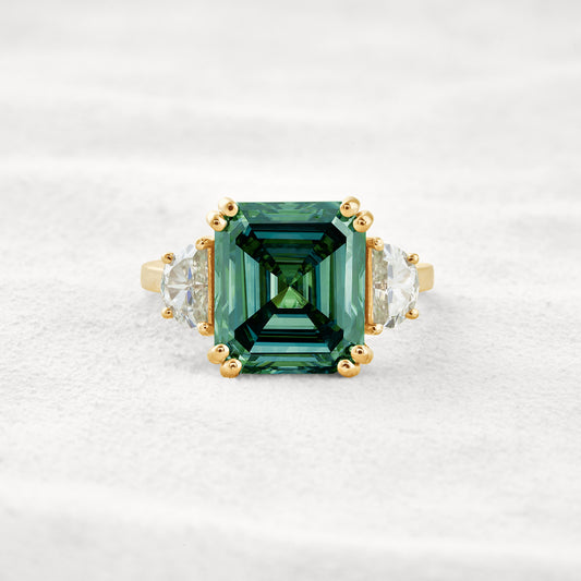 7.6 CT Blue Green Asscher 3 Stones Cut Moissanite Diamond Engagement Ring