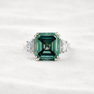 7.6 CT Blue Green Asscher 3 Stones Cut Moissanite Diamond Engagement Ring In White Gold