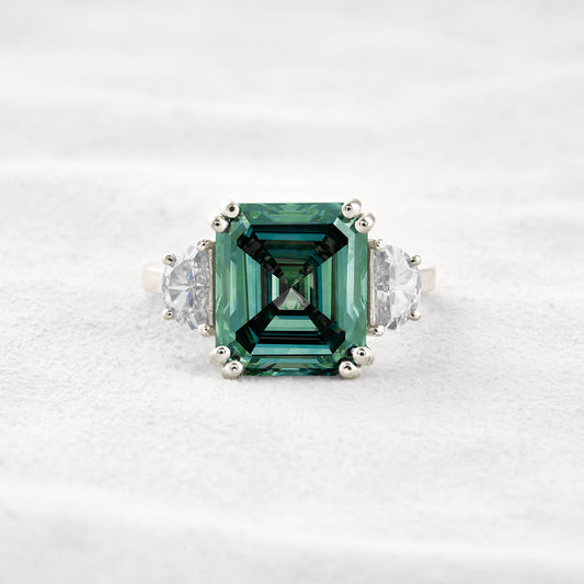 7.6 CT Blue Green Asscher 3 Stones Cut Moissanite Diamond Engagement Ring In White Gold