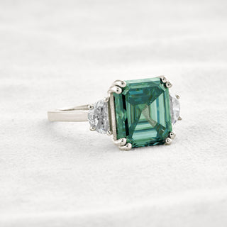 7.6 CT Blue Green Asscher 3 Stones Cut Moissanite Diamond Engagement Ring In Rose Gold