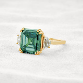 7.6 CT Blue Green Asscher 3 Stones Cut Moissanite Diamond Engagement Ring In White Gold