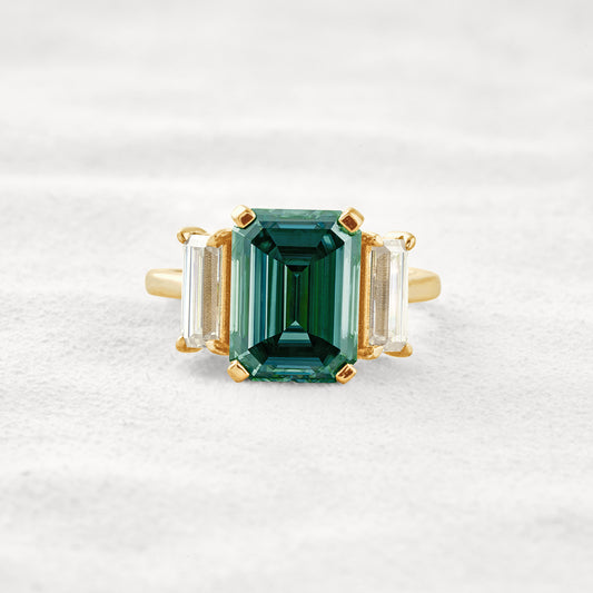 6.2 CT Dark Green Emerald Cut 3 Stones Moissanite Diamond Engagement Ring